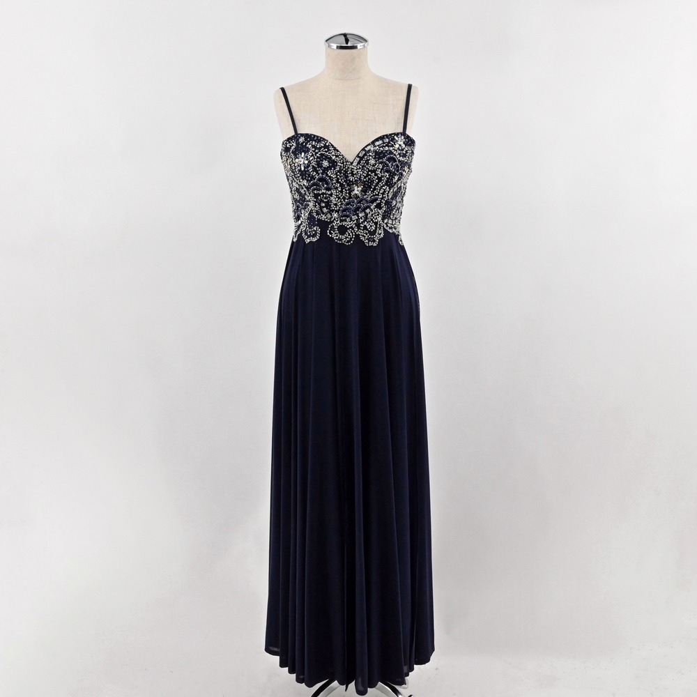 Dave Johnny Beaded Bodice Formal Gown Womens Size 0 Navy‎ Blue Prom Maxi Dress